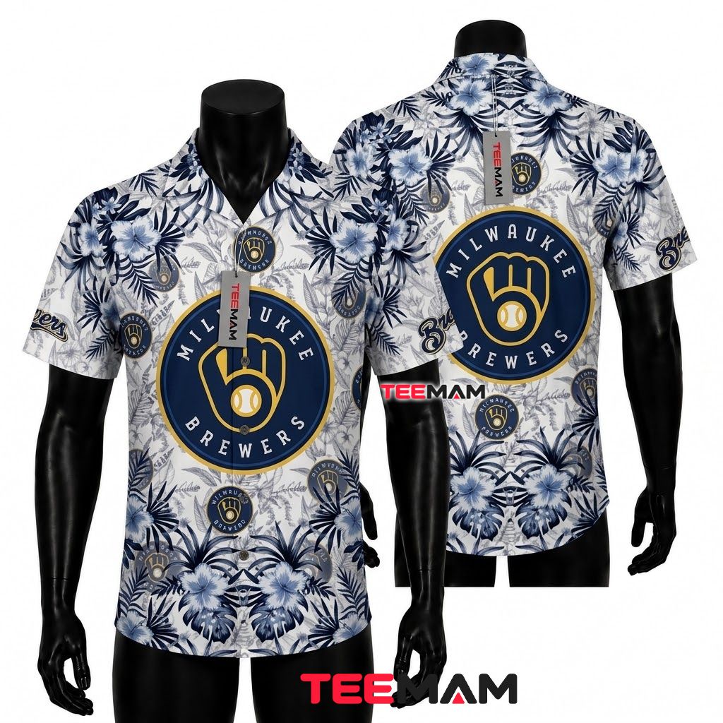 Milwaukee Brewers Hawaiian Shirt Blue Hibiscus White Front