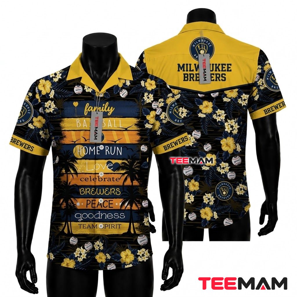 Milwaukee Brewers Hawaiian Shirt Family Values Floral Front