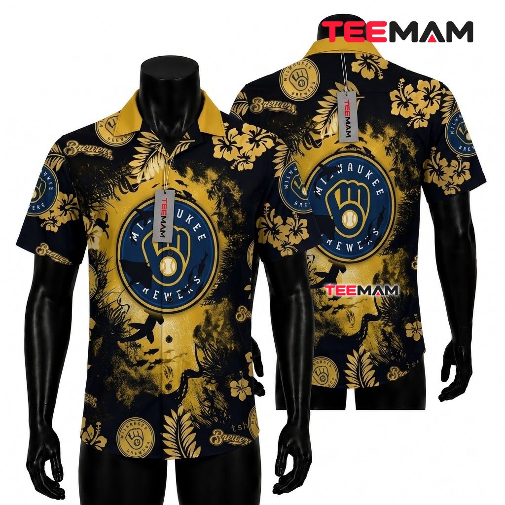 Milwaukee Brewers Hawaiian Shirt Gold Hibiscus Front