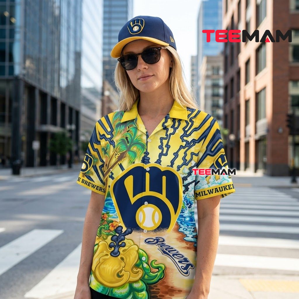 Milwaukee Brewers Hawaiian Shirt Lightning Psychedelic Back Milwaukee Brewers Hawaiian Shirt Lightning Psychedelic Back