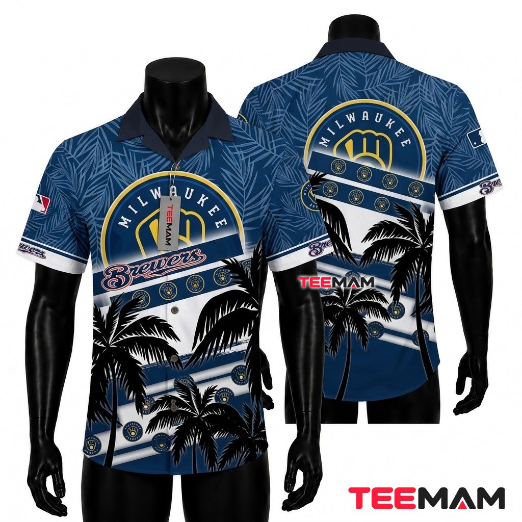 Milwaukee Brewers Hawaiian Shirt Palm Stripe Front
