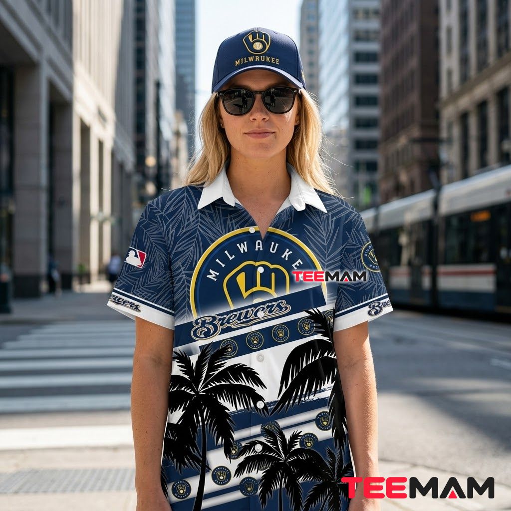 Milwaukee Brewers Hawaiian Shirt Palm Stripe Back Milwaukee Brewers Hawaiian Shirt Palm Stripe Back