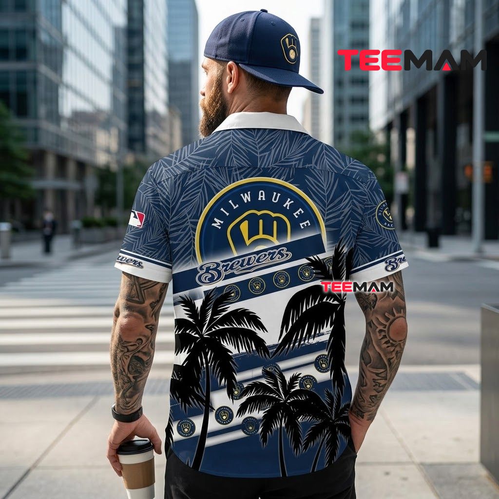 Milwaukee Brewers Hawaiian Shirt Palm Stripe Version 3 Milwaukee Brewers Hawaiian Shirt Palm Stripe Version 3