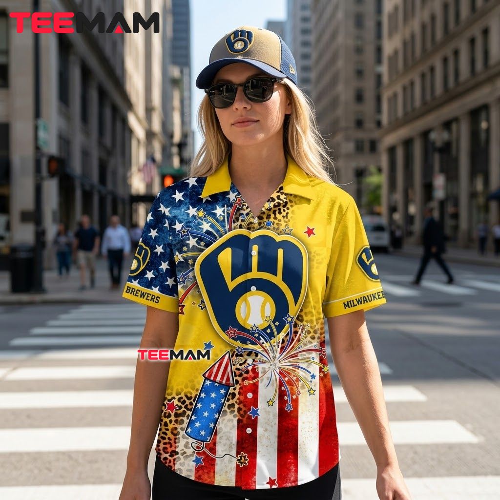 Milwaukee Brewers Hawaiian Shirt Patriotic Leopard Back Milwaukee Brewers Hawaiian Shirt Patriotic Leopard Back