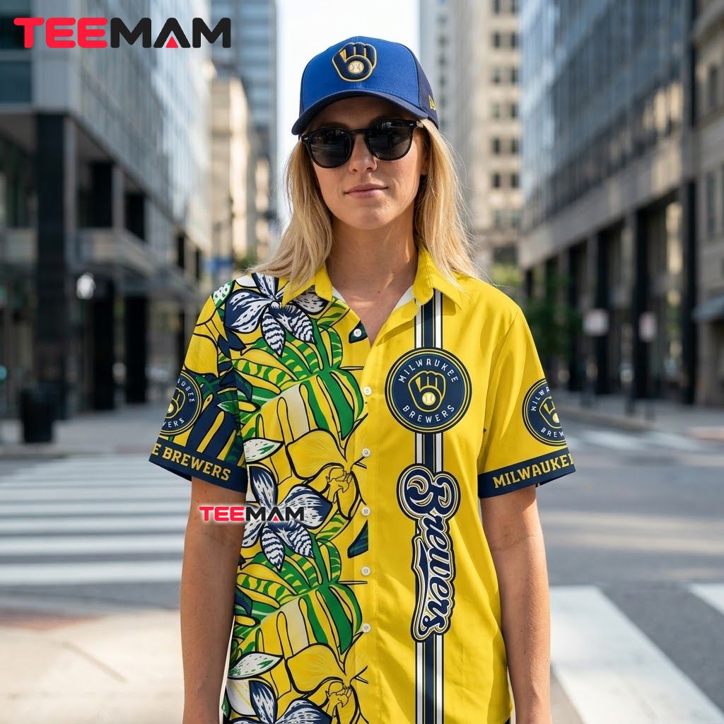 Milwaukee Brewers Hawaiian Shirt Yellow Side Floral Back Milwaukee Brewers Hawaiian Shirt Yellow Side Floral Back