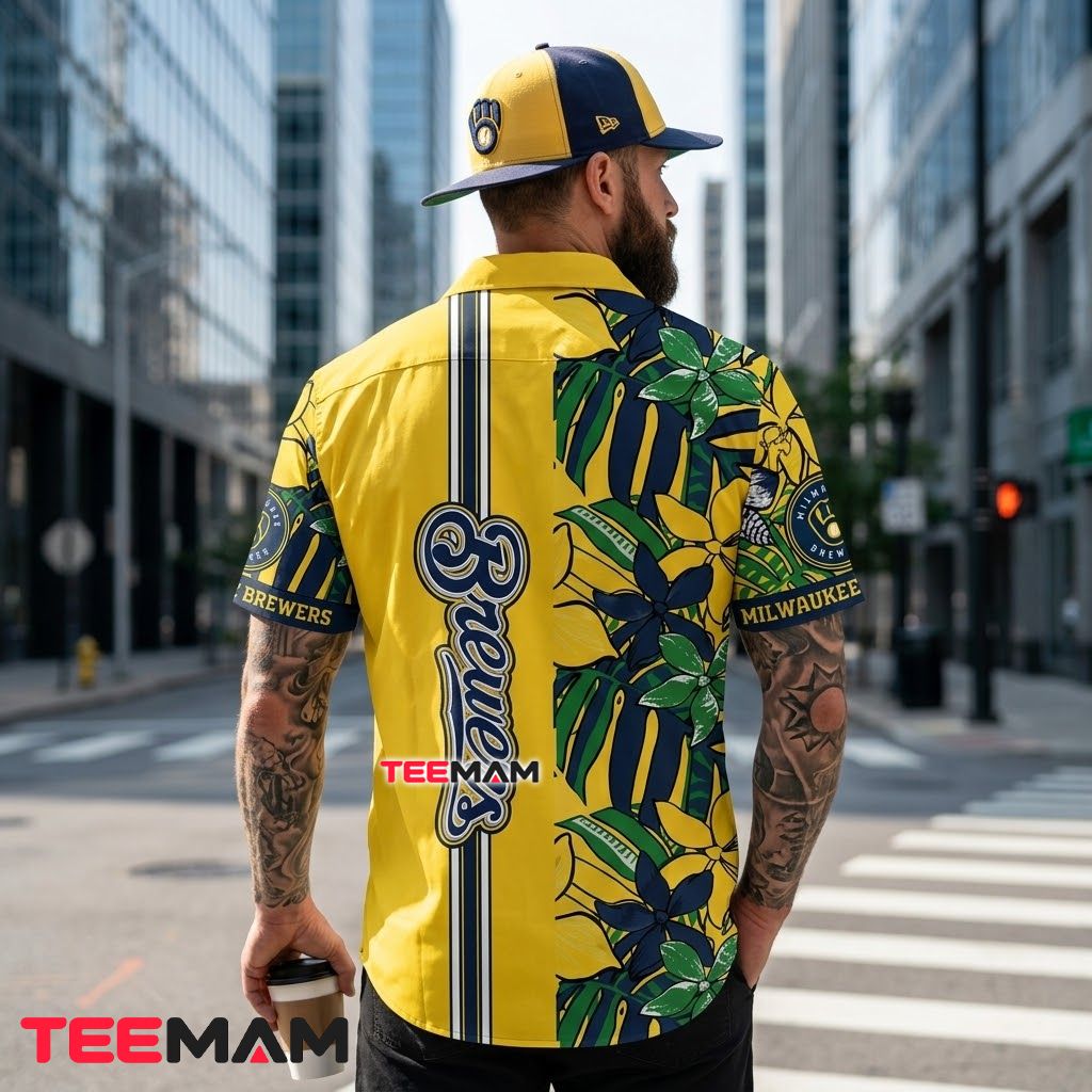 Milwaukee Brewers Hawaiian Shirt Yellow Side Floral Version 3 Milwaukee Brewers Hawaiian Shirt Yellow Side Floral Version 3