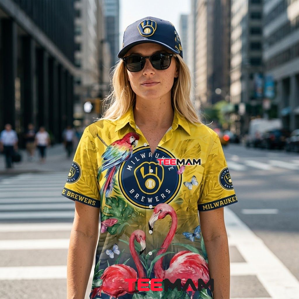 Milwaukee Brewers Tropical Shirt Flamingo Parrot Back Milwaukee Brewers Tropical Shirt Flamingo Parrot Back