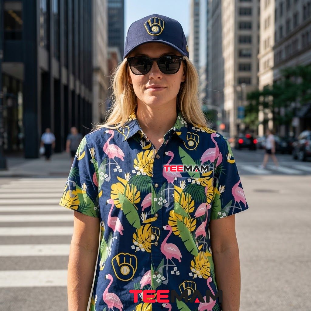 Milwaukee Brewers Tropical Shirt Navy Flamingo Back Milwaukee Brewers Tropical Shirt Navy Flamingo Back