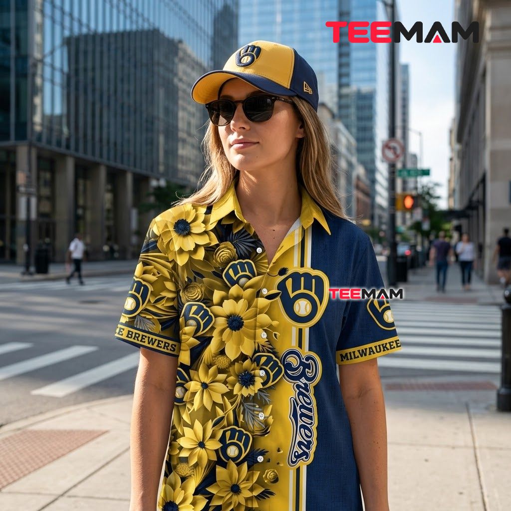 Milwaukee Brewers Tropical Shirt Sunflower Split Back Milwaukee Brewers Tropical Shirt Sunflower Split Back