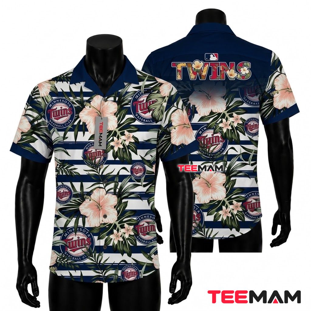 Minnesota Twins Aloha Shirt Pink Hibiscus Striped Front