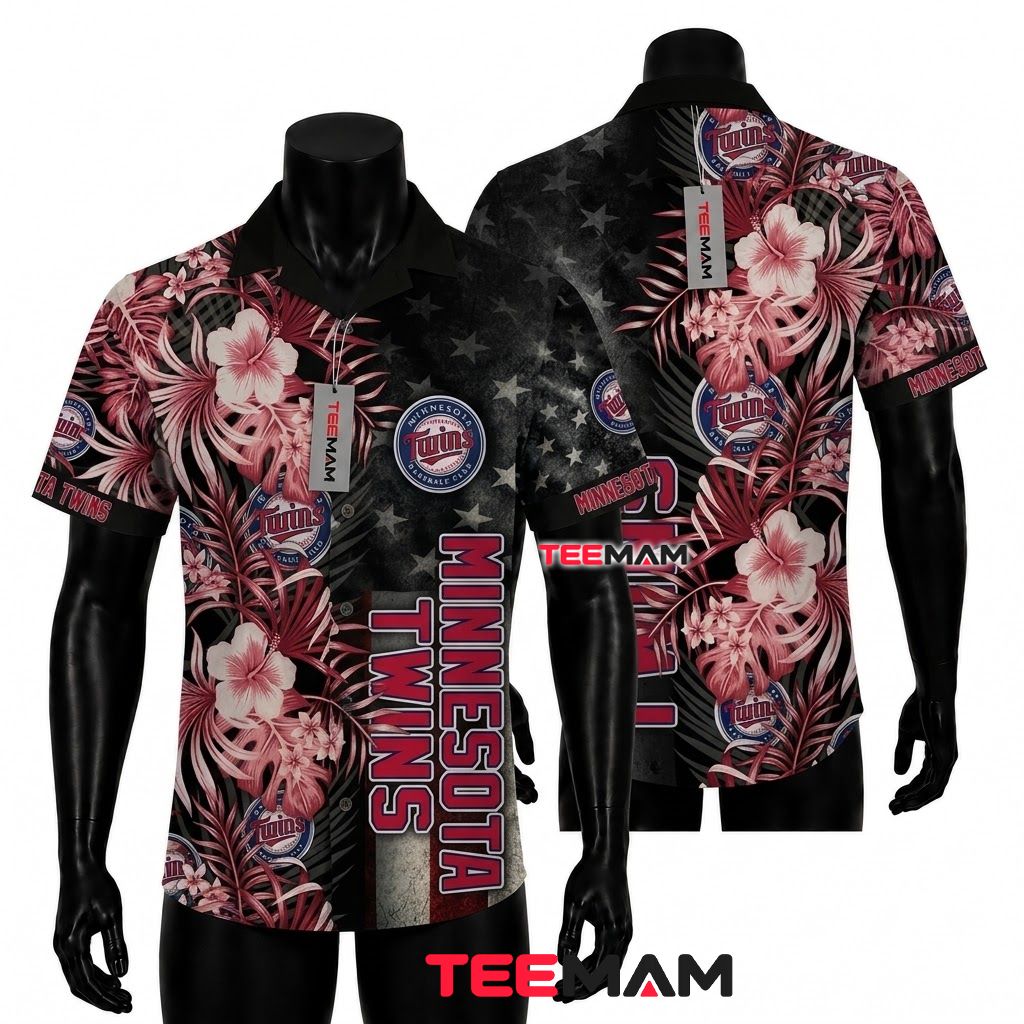 Minnesota Twins Hawaiian Shirt American Flag Hibiscus Front