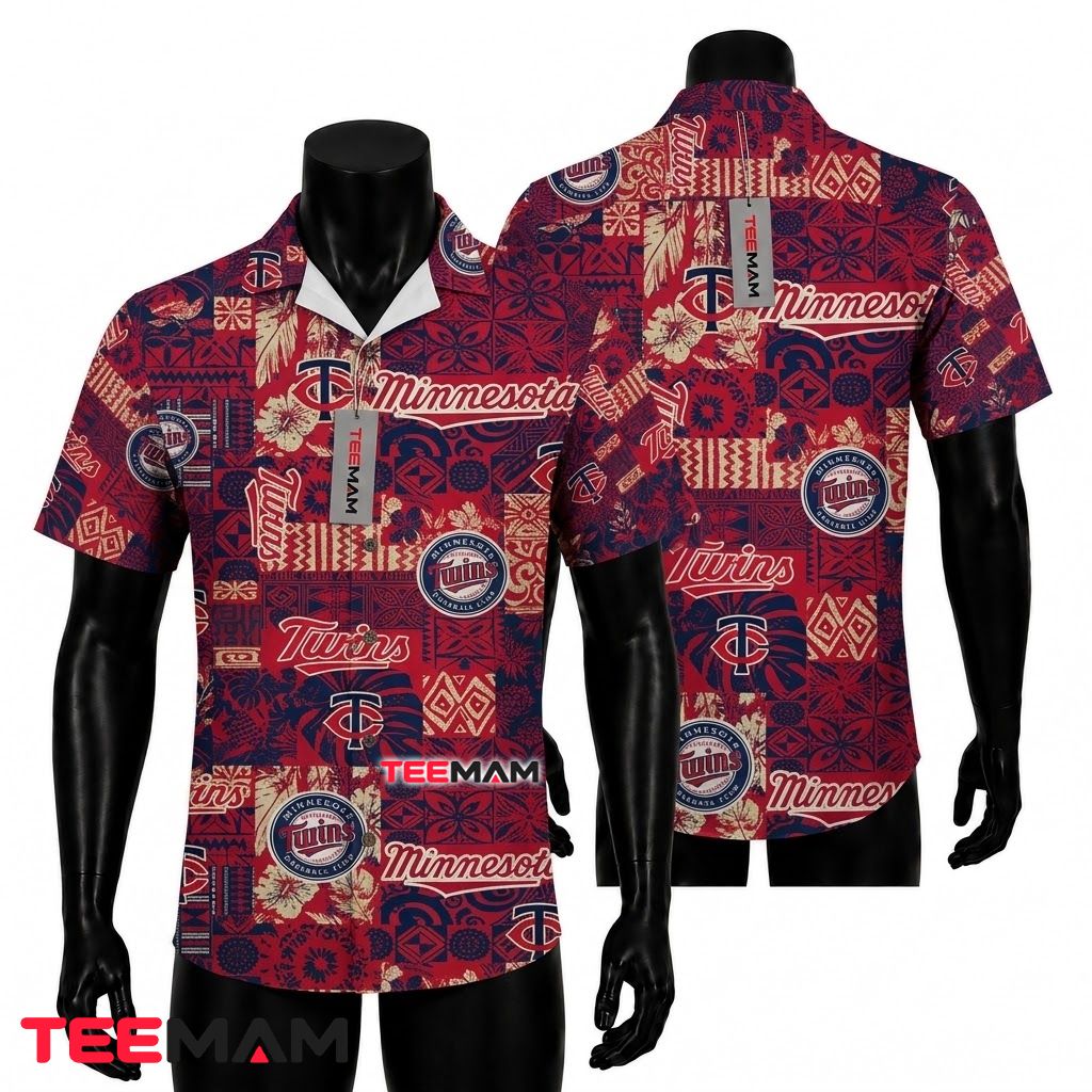Minnesota Twins Hawaiian Shirt Red Tribal Patchwork Front
