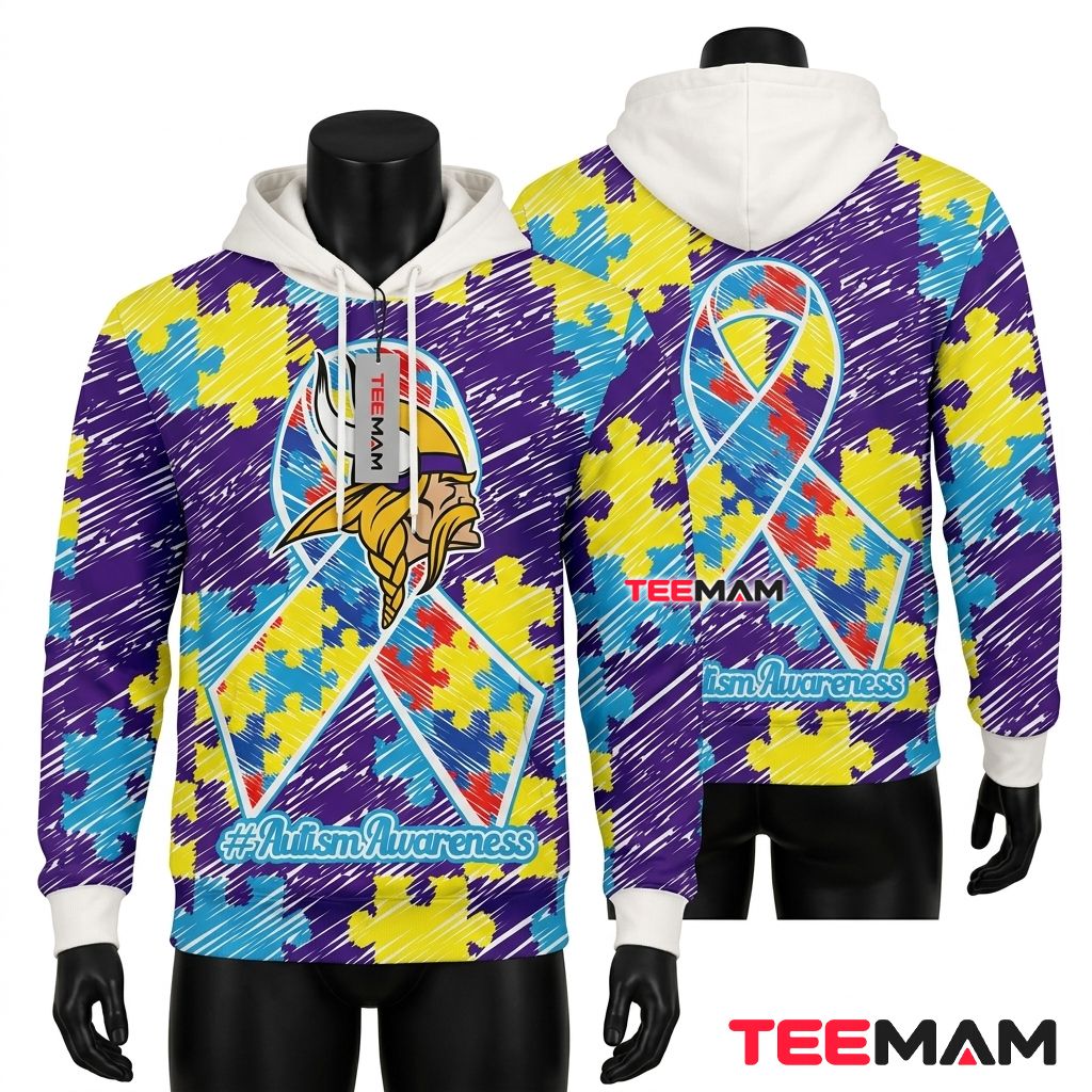 Minnesota Vikings 3D Hoodie Autism Awareness Puzzle Ribbon Front