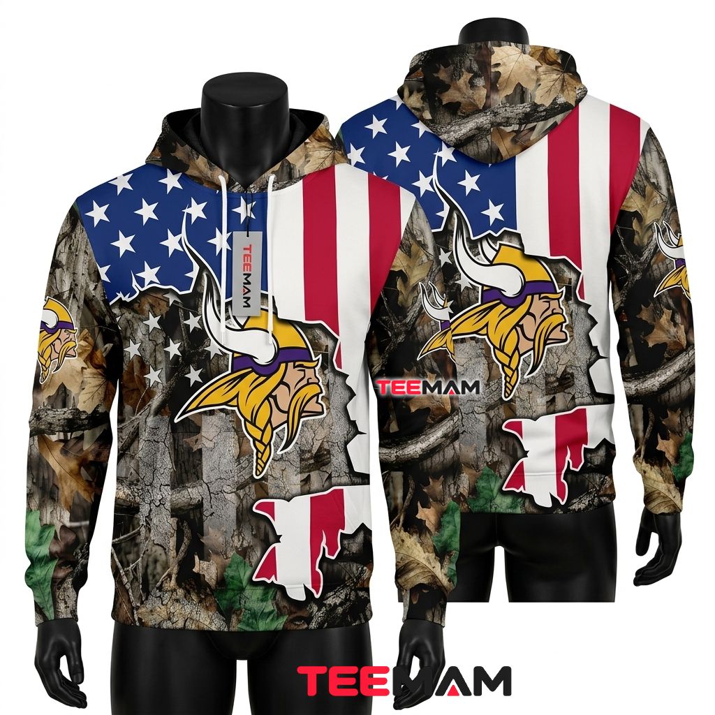 Minnesota Vikings 3D Hoodie Camo Patriotic Flag Front