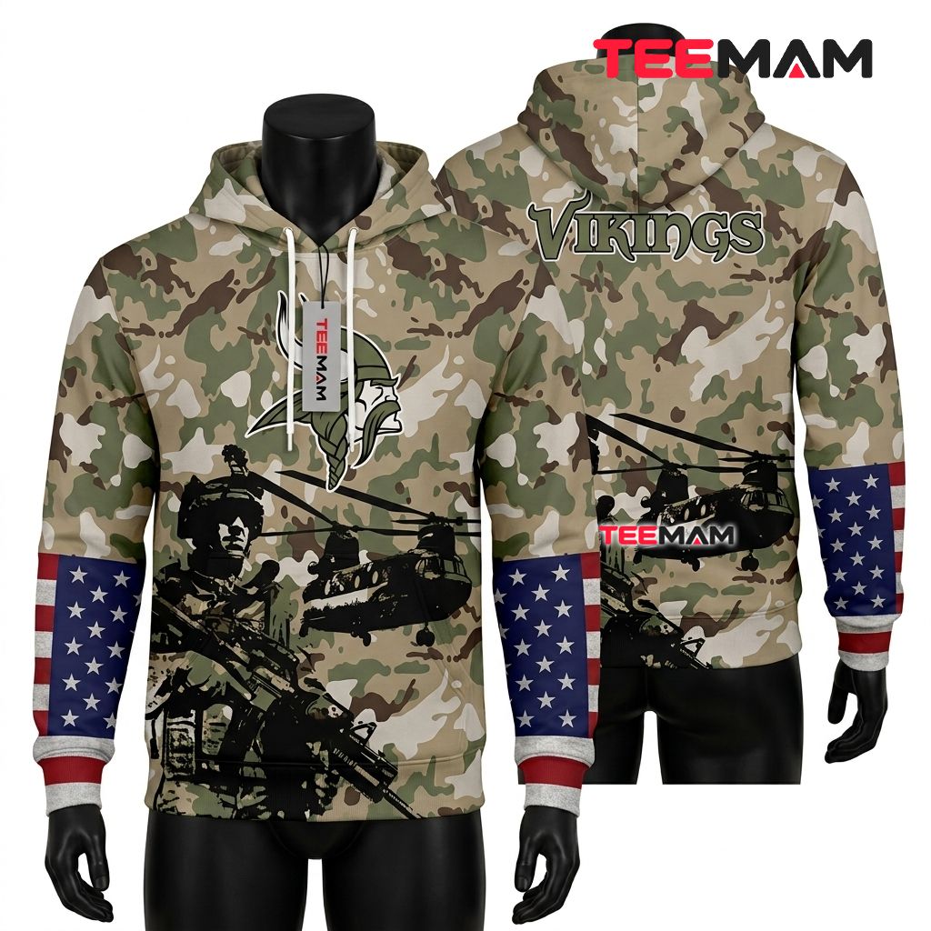 Minnesota Vikings 3D Hoodie Helicopter Soldier Camo Military Front