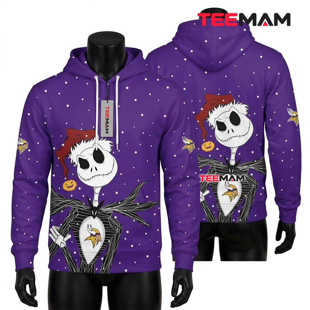 Minnesota Vikings 3D Hoodie Jack Skellington Santa Snow Front