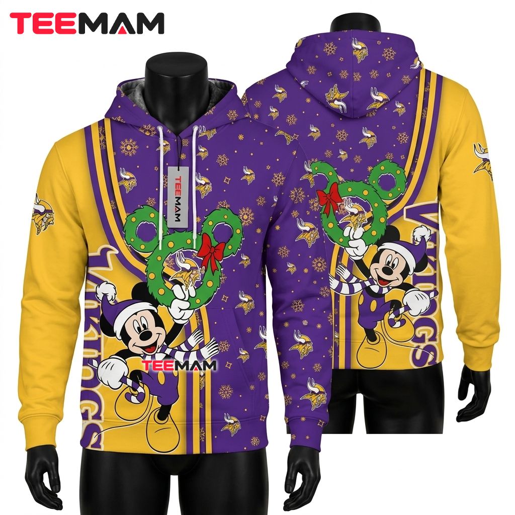Minnesota Vikings 3D Hoodie Mickey Mouse Christmas Wreath Front