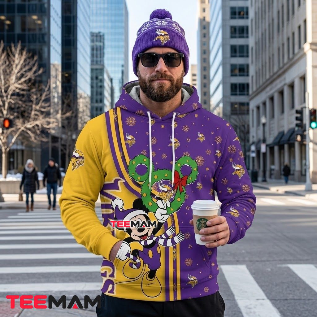 Minnesota Vikings 3D Hoodie Mickey Mouse Christmas Wreath Back Minnesota Vikings 3D Hoodie Mickey Mouse Christmas Wreath Back