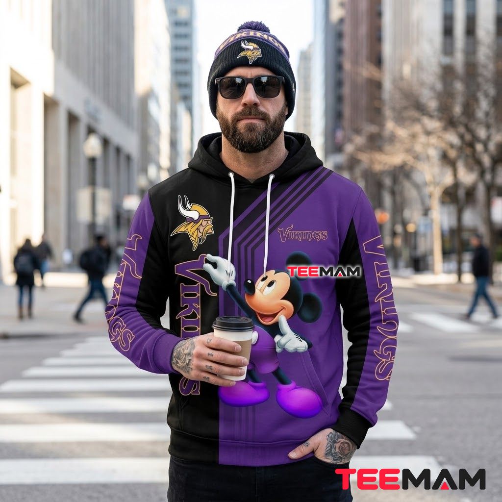 Minnesota Vikings 3D Hoodie Mickey Mouse Split Design Back Minnesota Vikings 3D Hoodie Mickey Mouse Split Design Back