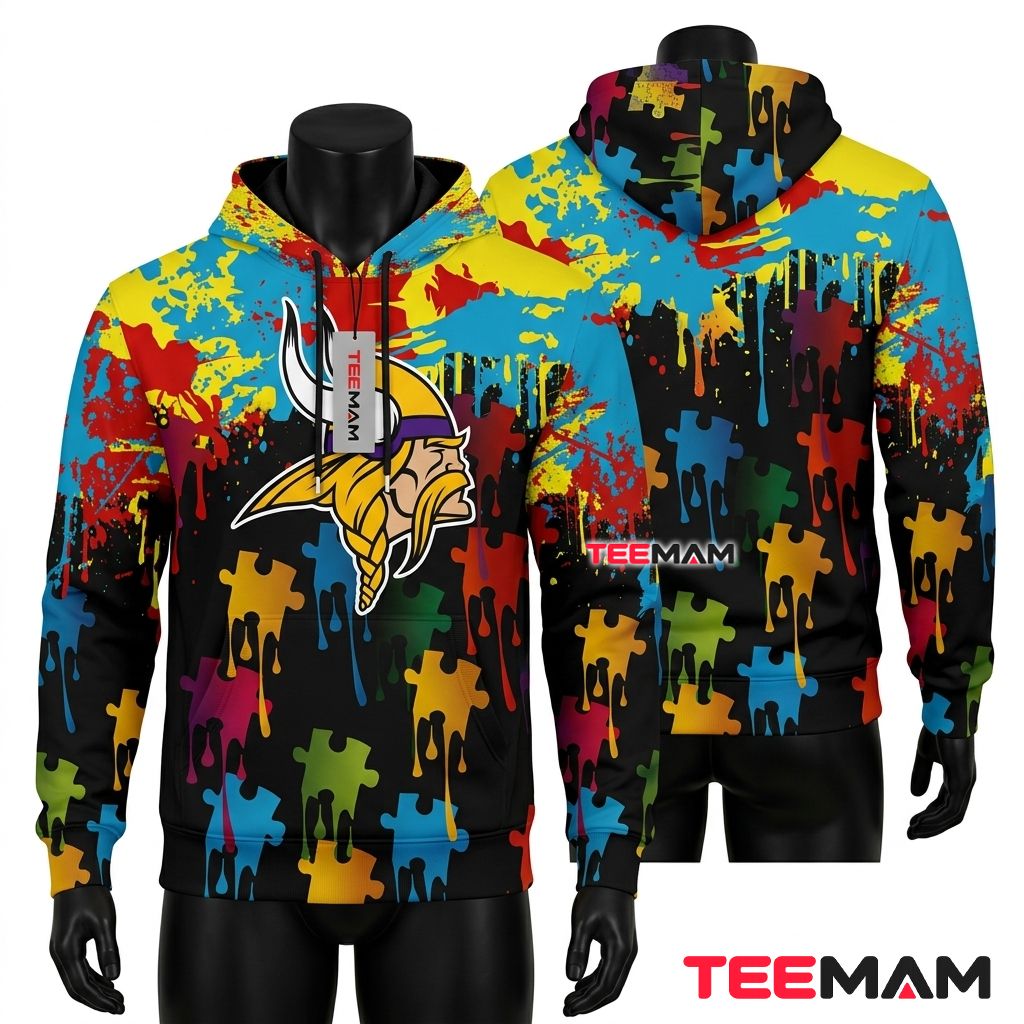 Minnesota Vikings 3D Hoodie Splash Paint Puzzle Autism Front