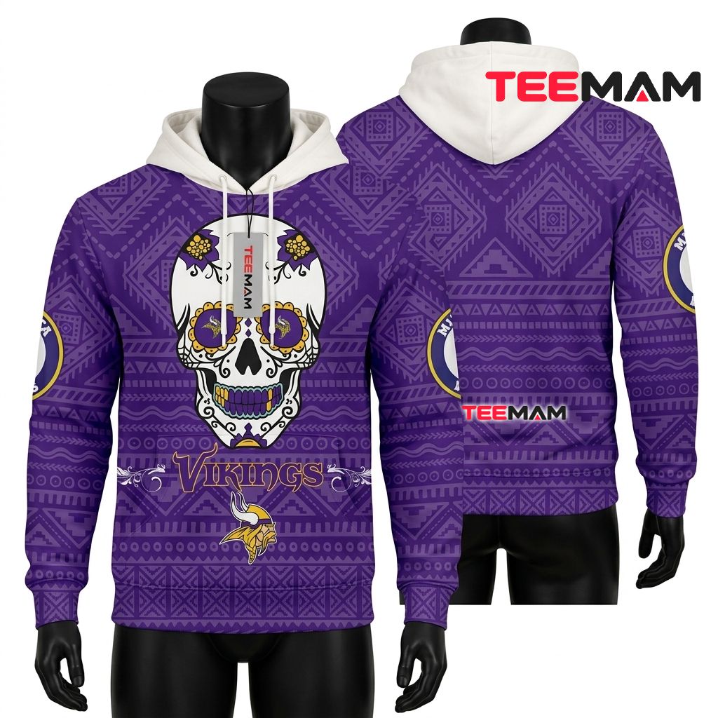 Minnesota Vikings 3D Hoodie Sugar Skull Day Dead Front