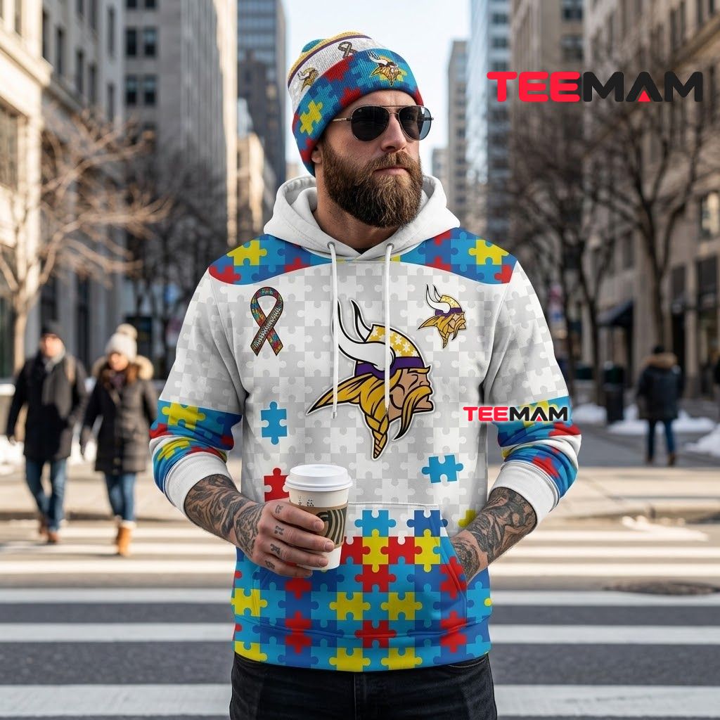 Minnesota Vikings 3D Hoodie White Puzzle Autism Ribbon Back Minnesota Vikings 3D Hoodie White Puzzle Autism Ribbon Back