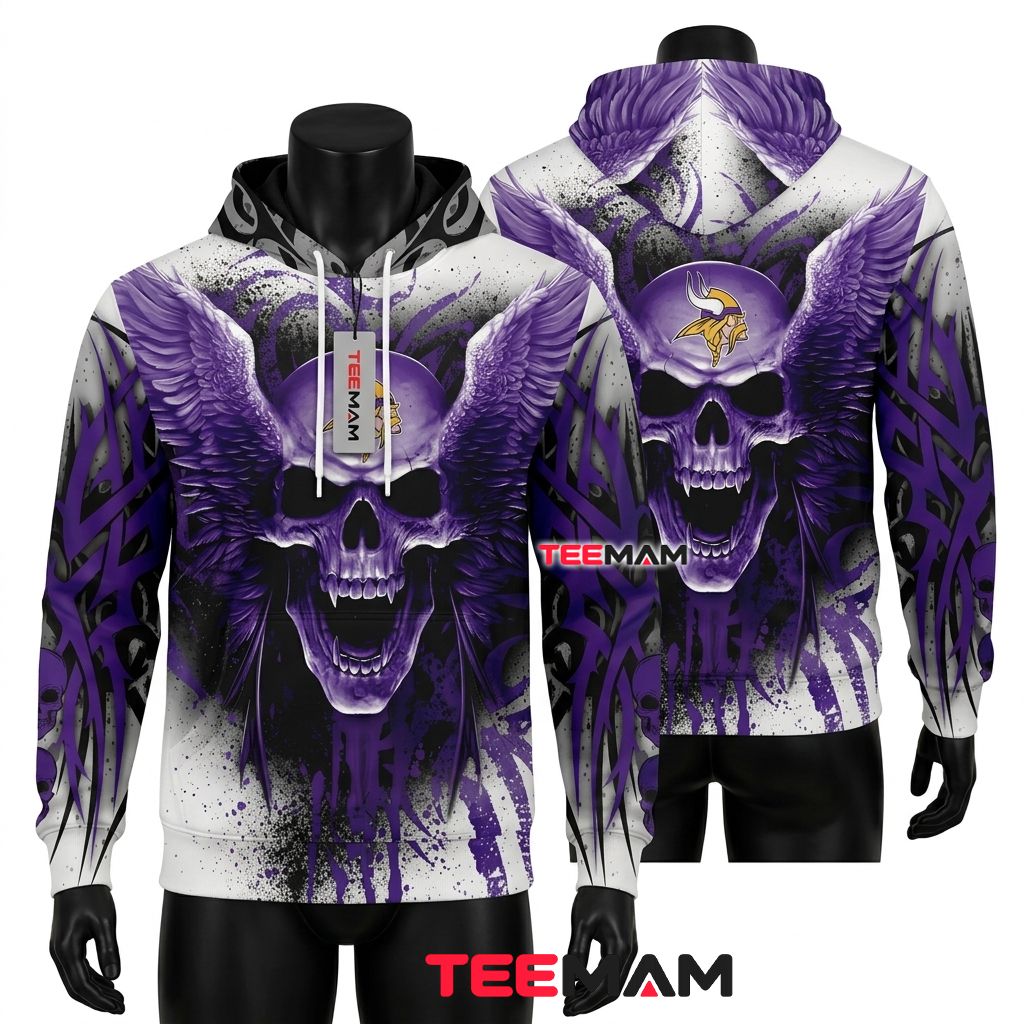 Minnesota Vikings 3D Hoodie Winged Skull Fang Design Front