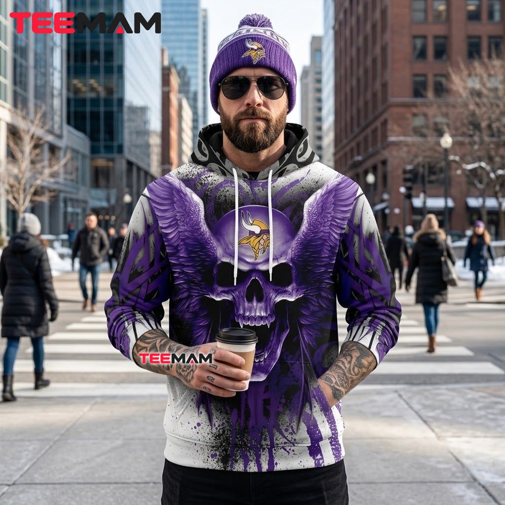 Minnesota Vikings 3D Hoodie Winged Skull Fang Design Back Minnesota Vikings 3D Hoodie Winged Skull Fang Design Back