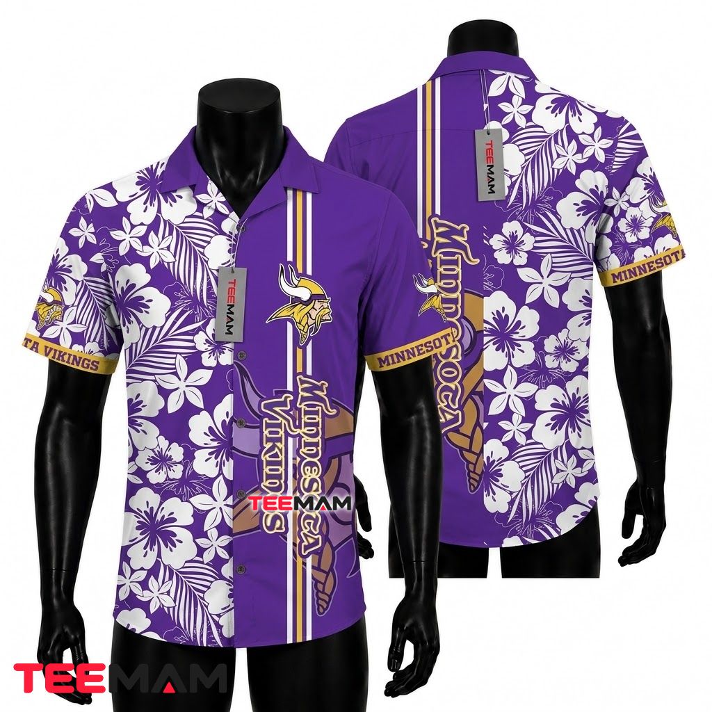 Minnesota Vikings Button Up Shirt White Hibiscus Front
