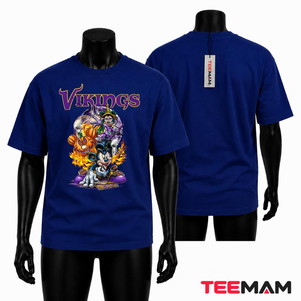 Minnesota Vikings Halloween T-Shirt Mickey Minnie Pumpkin Fire