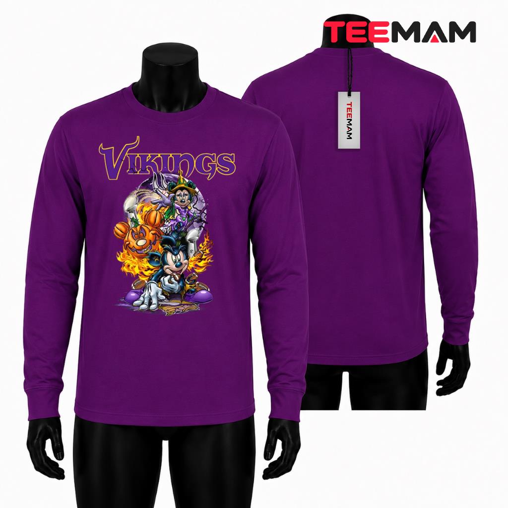 Minnesota Vikings Halloween Long Sleeve Mickey Minnie Pumpkin Fire Minnesota Vikings Halloween Long Sleeve Mickey Minnie Pumpkin Fire