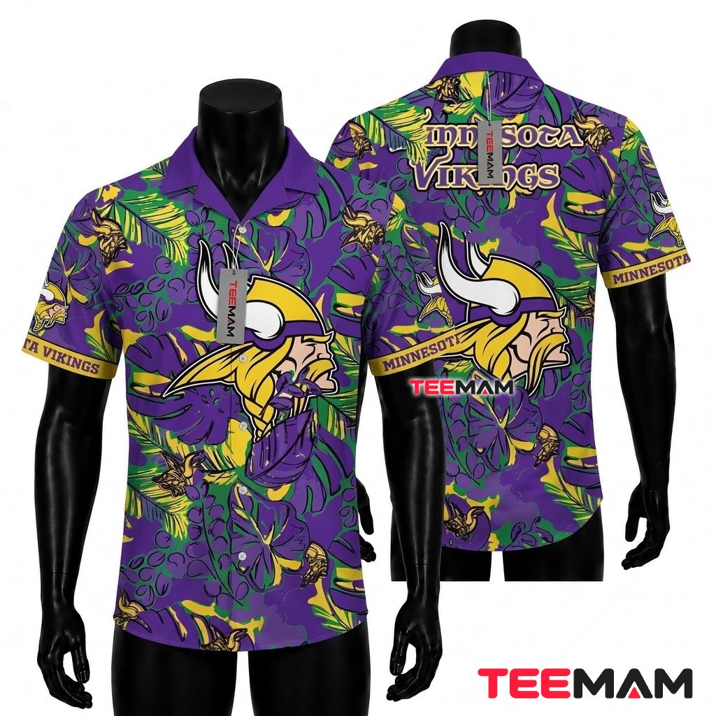 Minnesota Vikings Hawaiian Shirt Monstera Leaf Front