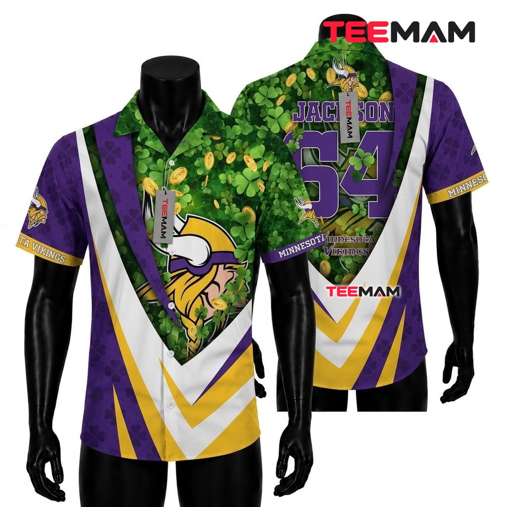 Minnesota Vikings Hawaiian Shirt Personalized Shamrock Gold Front