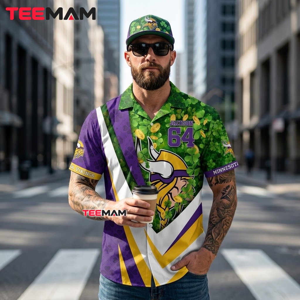 Minnesota Vikings Hawaiian Shirt Personalized Shamrock Gold Back Minnesota Vikings Hawaiian Shirt Personalized Shamrock Gold Back