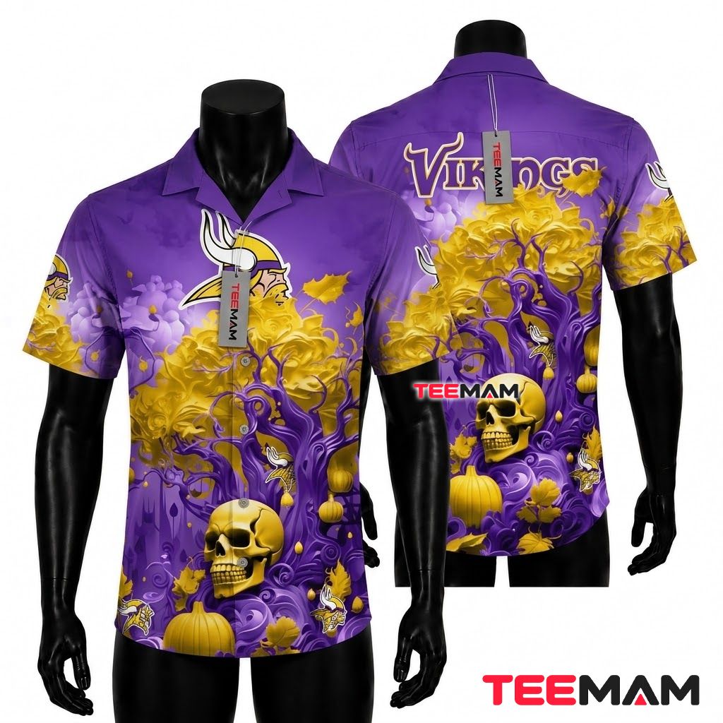 Minnesota Vikings Hawaiian Shirt Skull Pumpkin Front