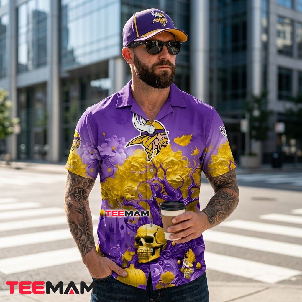 Minnesota Vikings Hawaiian Shirt Skull Pumpkin Back Minnesota Vikings Hawaiian Shirt Skull Pumpkin Back