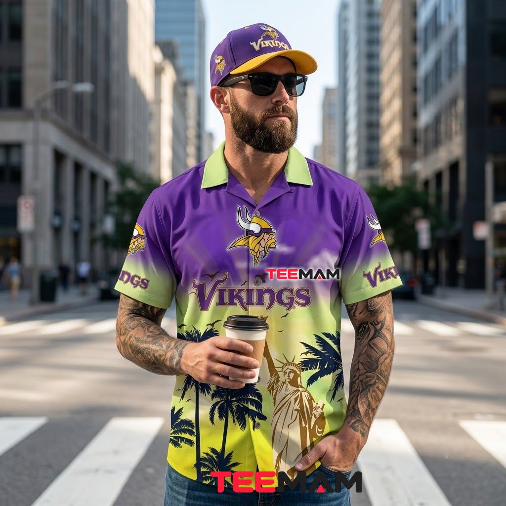 Minnesota Vikings Hawaiian Shirt Statue Of Liberty Back Minnesota Vikings Hawaiian Shirt Statue Of Liberty Back