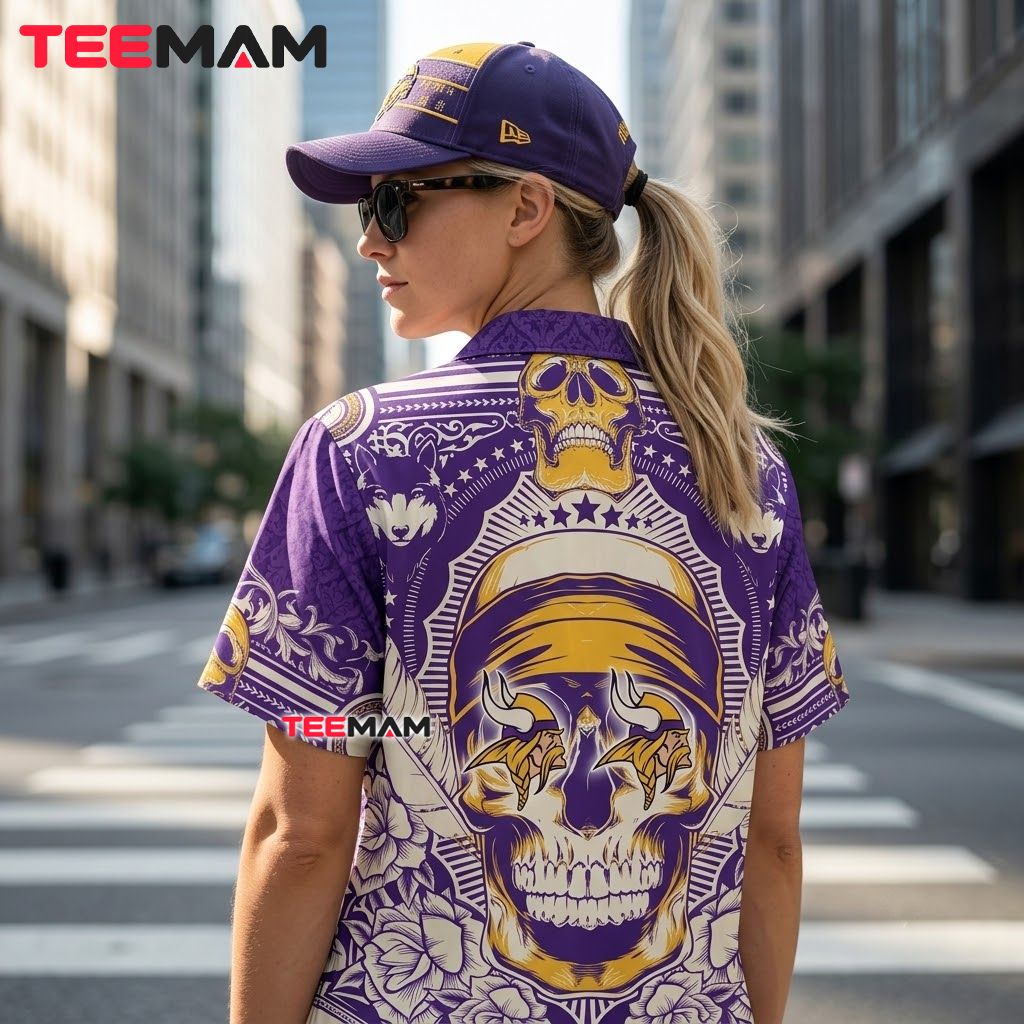 Minnesota Vikings Hawaiian Shirt Sugar Skull Version 3 Minnesota Vikings Hawaiian Shirt Sugar Skull Version 3