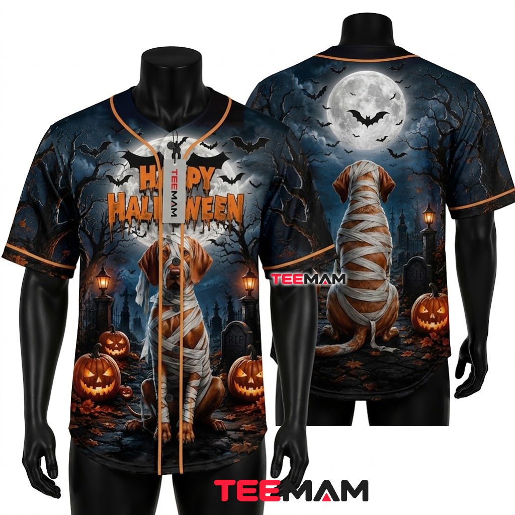 Mummy Dog Halloween Baseball Jersey Full Moon Graveyard 1
