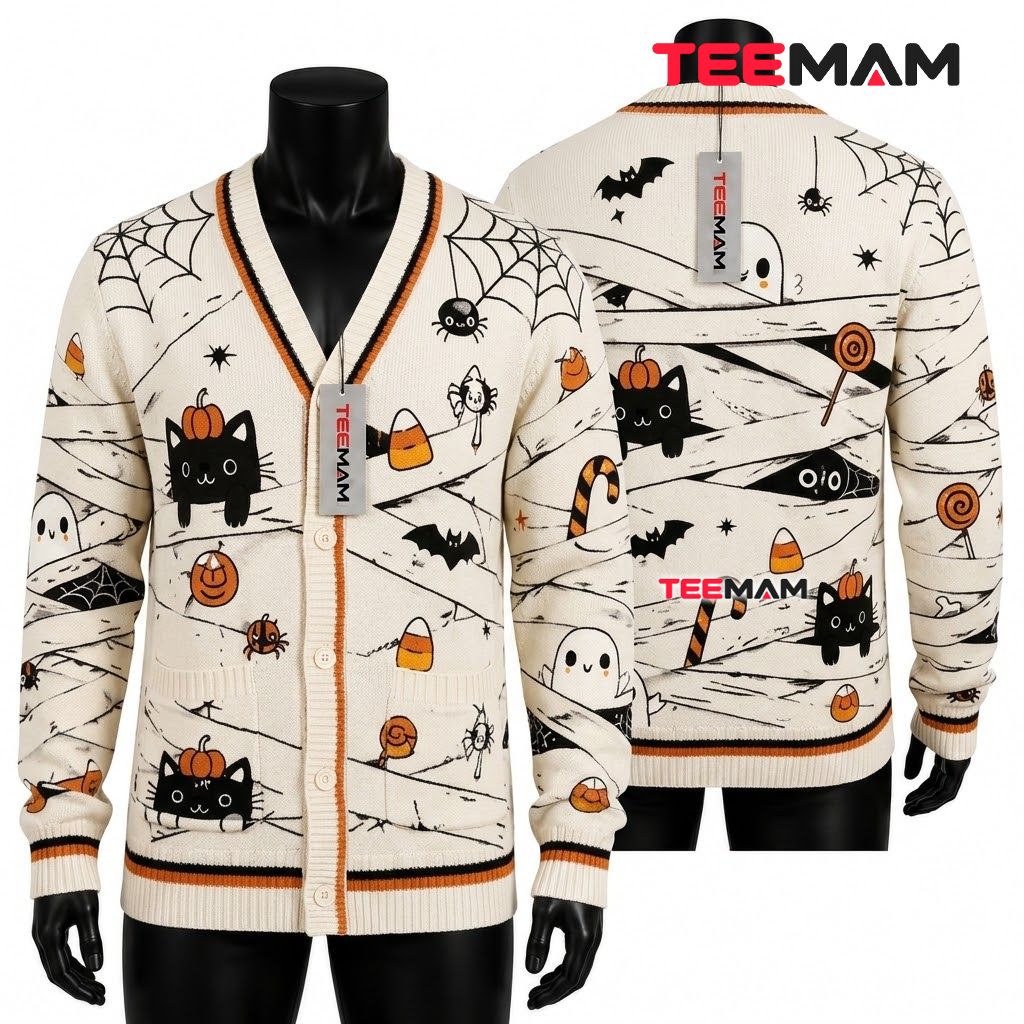 Mummy Halloween Cardigan Black Cat Ghost 1