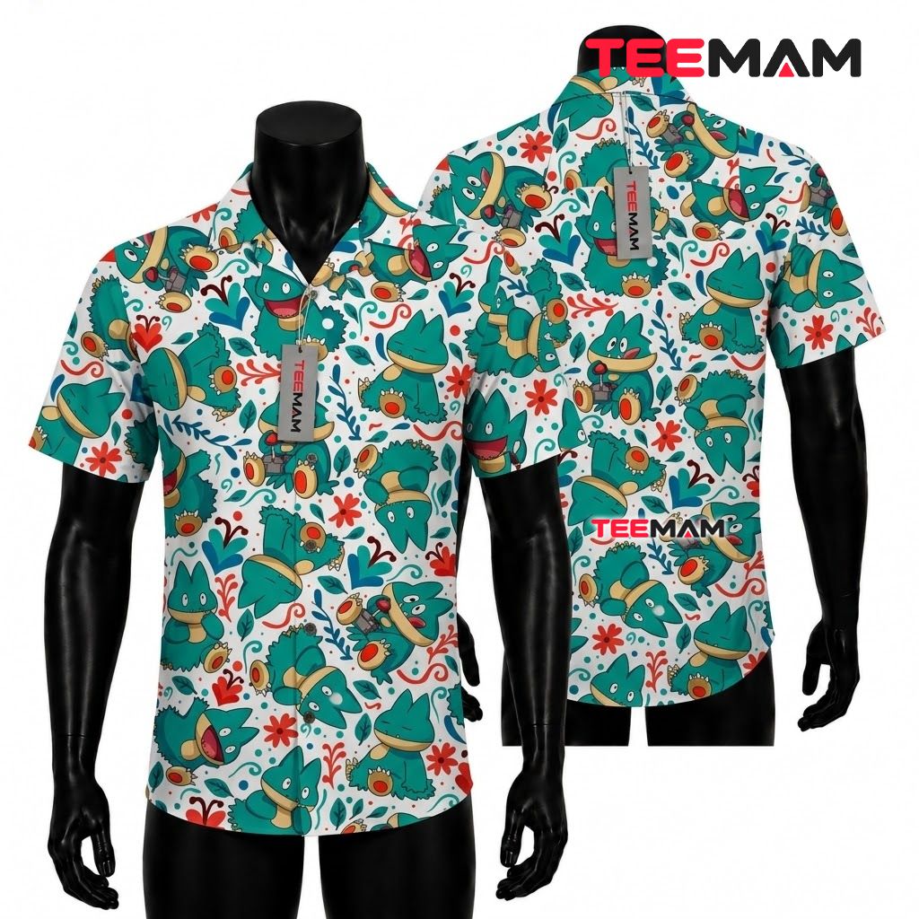 Munchlax Pokemon Hawaiian Shirt Floral White Teal Front
