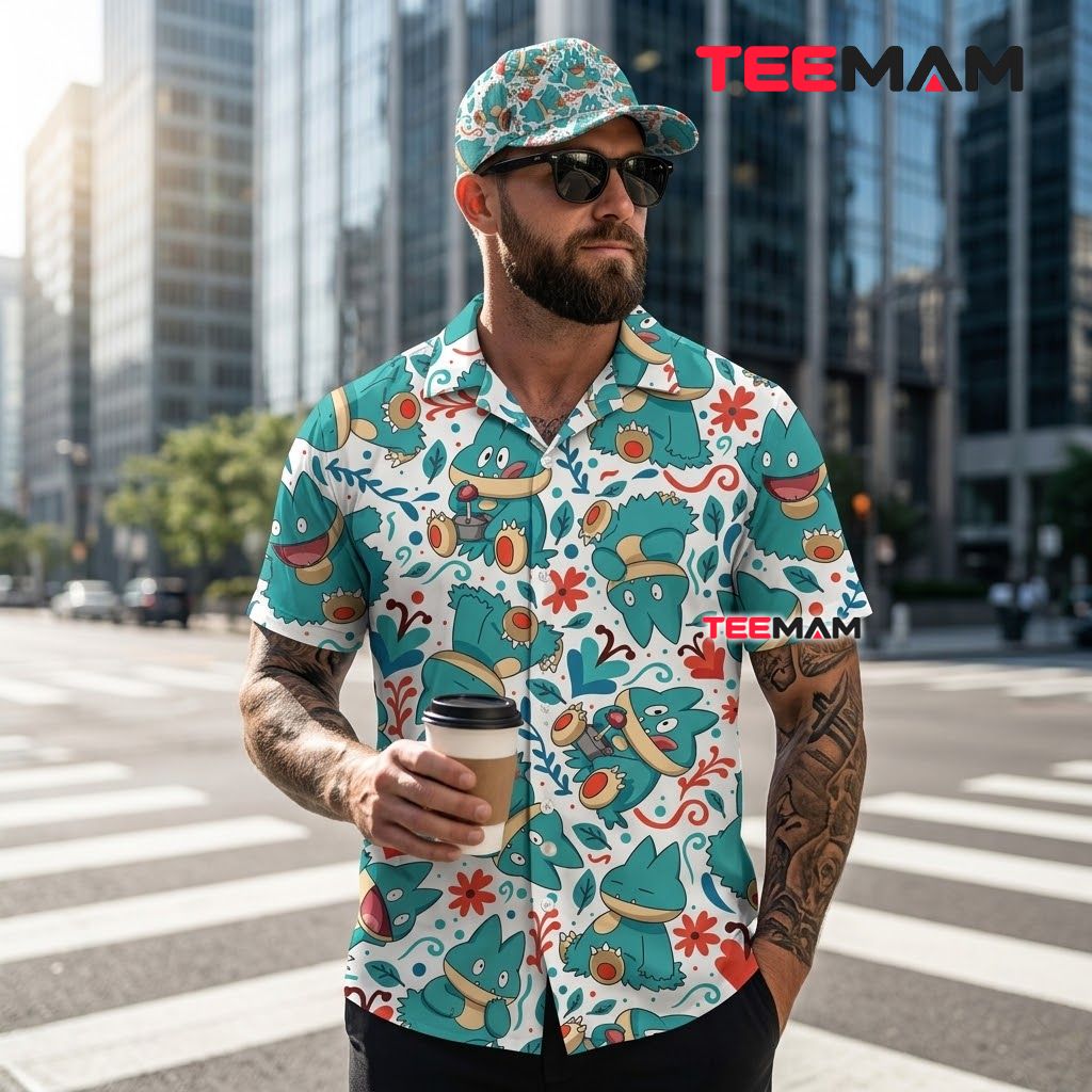 Munchlax Pokemon Hawaiian Shirt Floral White Teal Back Munchlax Pokemon Hawaiian Shirt Floral White Teal Back