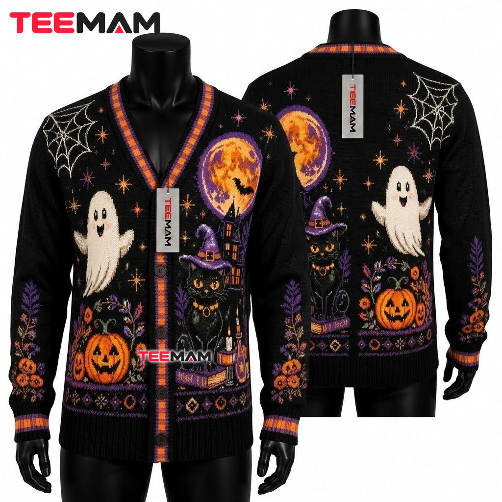 Mystic Halloween Cardigan Ghost Black Cat 1