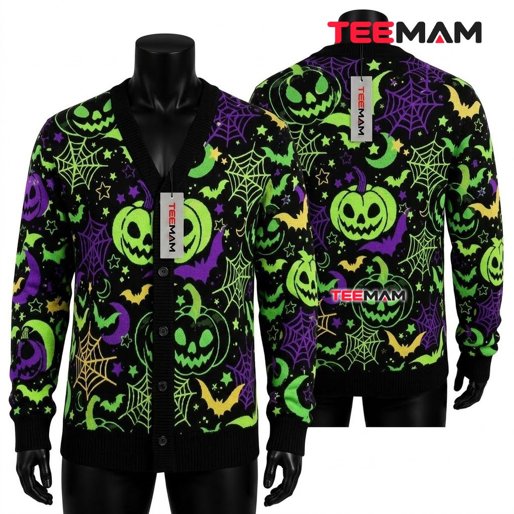 Neon Halloween Cardigan Pumpkin Spider Web 1