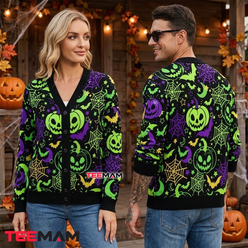 Neon Halloween Cardigan Pumpkin Spider Web 2 Neon Halloween Cardigan Pumpkin Spider Web 2