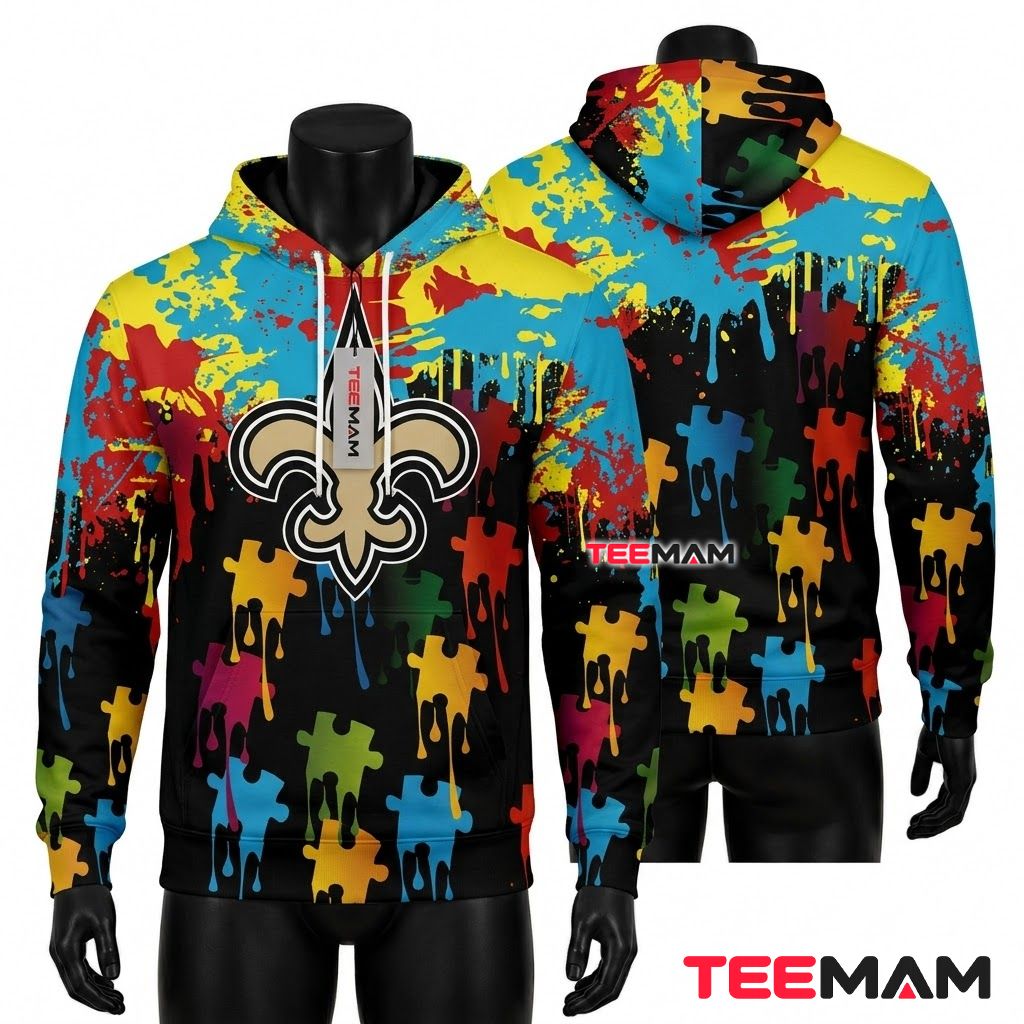 New Orleans Saints 3D Hoodie Autism Puzzle Paint Front