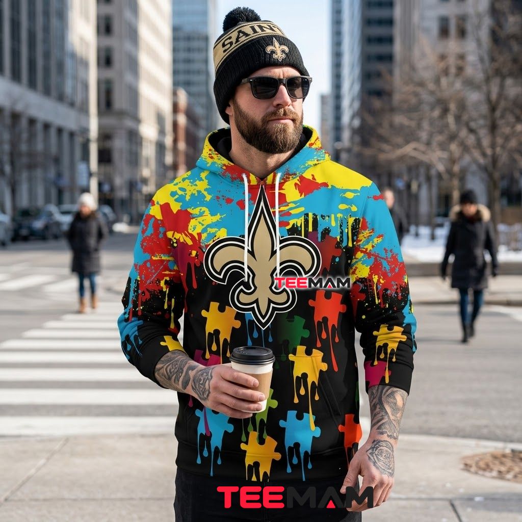 New Orleans Saints 3D Hoodie Autism Puzzle Paint Back New Orleans Saints 3D Hoodie Autism Puzzle Paint Back