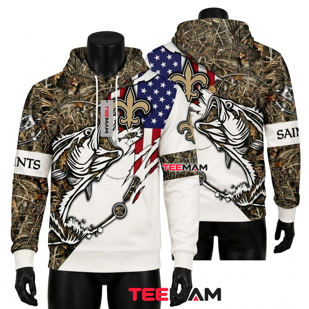 New Orleans Saints 3D Hoodie Bass Fishing Camo Front