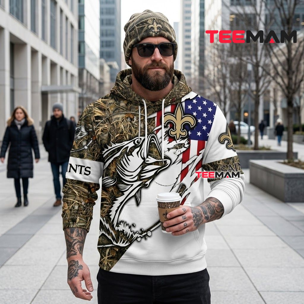 New Orleans Saints 3D Hoodie Bass Fishing Camo Back New Orleans Saints 3D Hoodie Bass Fishing Camo Back