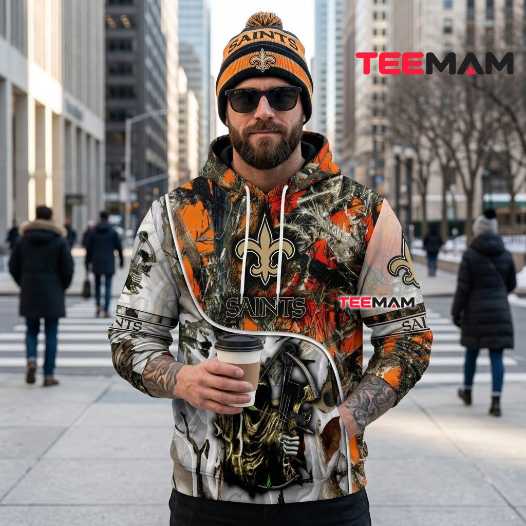 New Orleans Saints 3D Hoodie Bow Hunting Camo Back New Orleans Saints 3D Hoodie Bow Hunting Camo Back